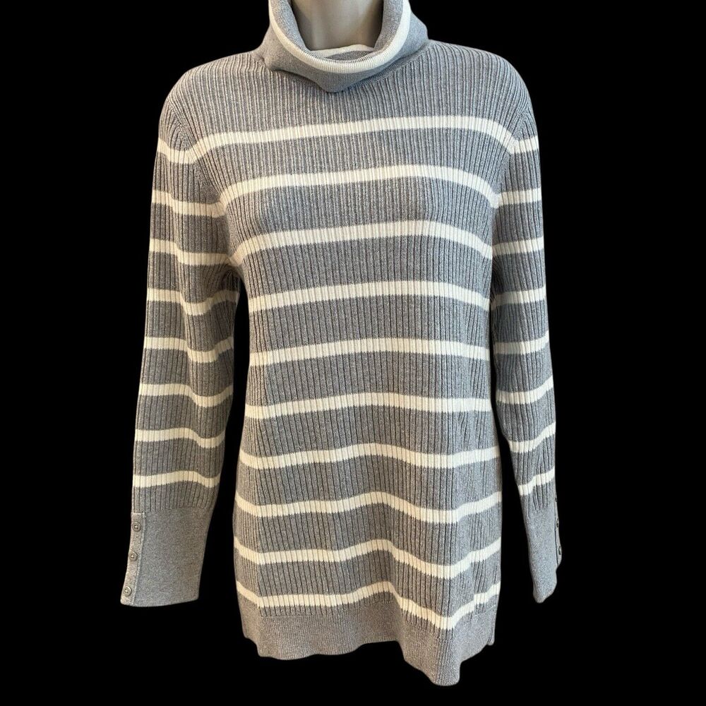 NWT $94 Talbots Sweater Silver Sparkle Stripe Plus 1X Cowl Neck Sleeve Buttons